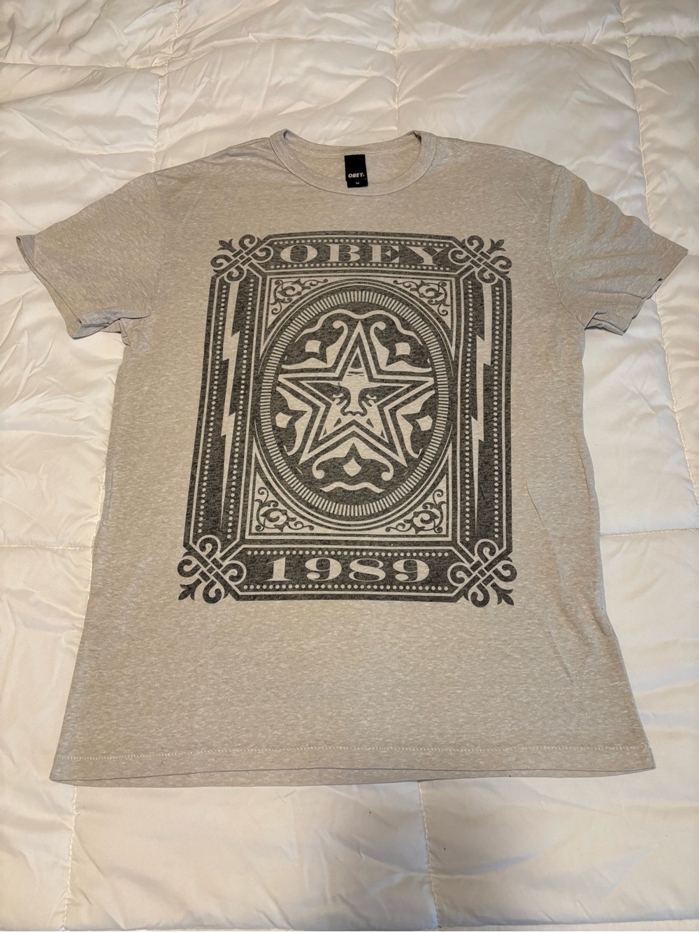 Obey Heather Cream Color Short Sleeve Tee with Black Graphic